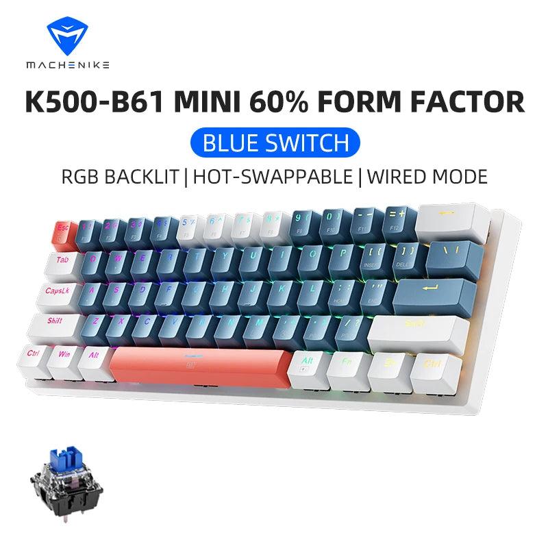 Machenike K500-B61 Mini Teclado Mecânico Formato 60% com Fio, Teclas Removíveis, Retroiluminação RGB, 61 Teclas para Jogos