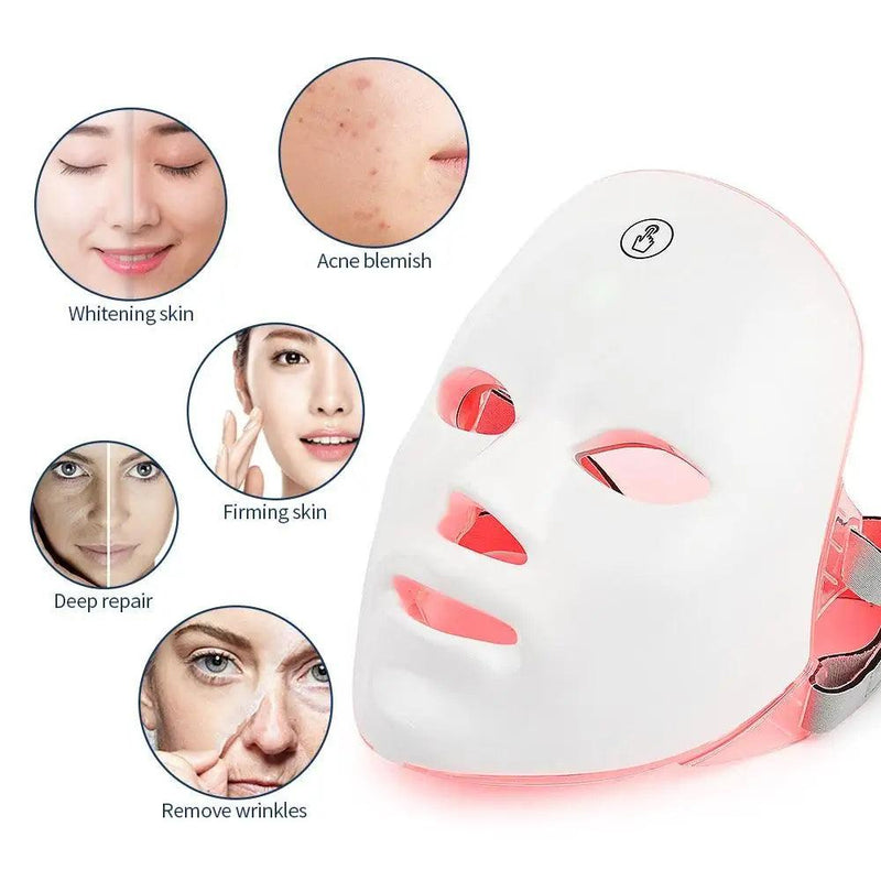 Máscara Facial LED Recarregável, Terapia de Fótons PDT, Refirmamento e Clareamento da Pele, Beauty Face Machine, PDT Treatment Light, 7 cores