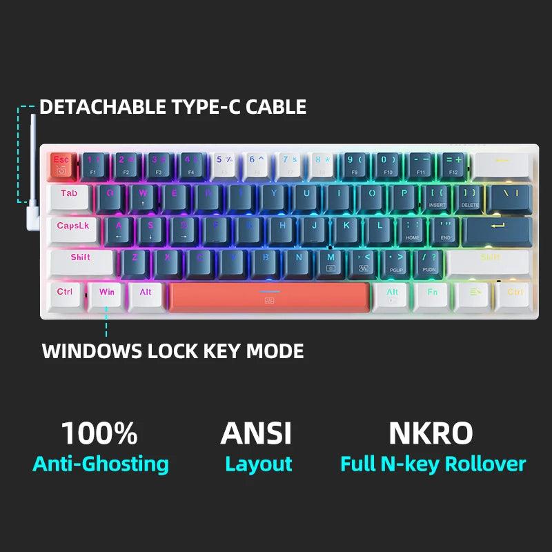 Machenike K500-B61 Mini Teclado Mecânico Formato 60% com Fio, Teclas Removíveis, Retroiluminação RGB, 61 Teclas para Jogos