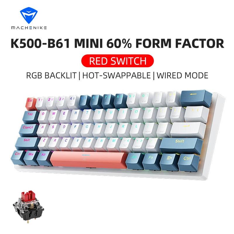 Machenike K500-B61 Mini Teclado Mecânico Formato 60% com Fio, Teclas Removíveis, Retroiluminação RGB, 61 Teclas para Jogos