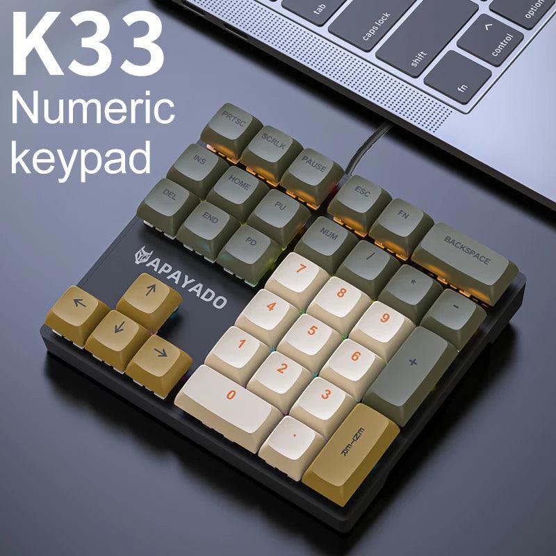 APAYADO-K33 Mini Numeric Keypad, Blue Mechanical Axis, RGB, PBT Keycaps, Fit for Government, Engineering, Tax, K33