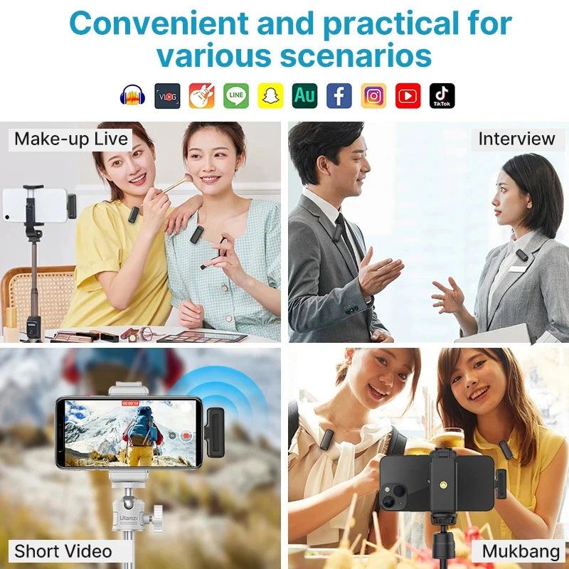 Ulanzi J12 Wireless Lavalier Microphone Set Lapel Mic Short Video Recording Mini Mic for iPhone Android Live Streaming