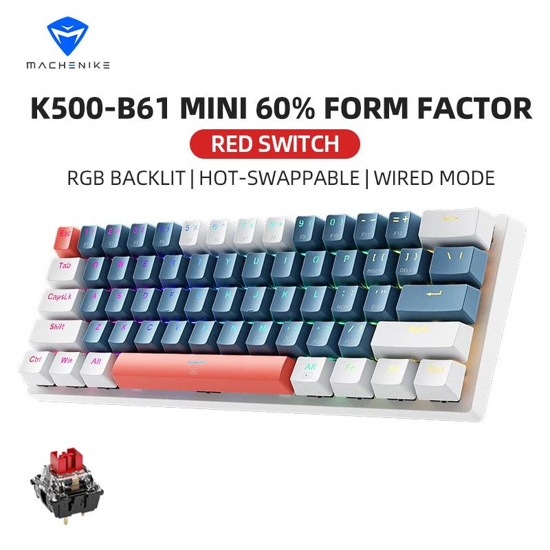 Machenike K500-B61 Mini Teclado Mecânico Formato 60% com Fio, Teclas Removíveis, Retroiluminação RGB, 61 Teclas para Jogos