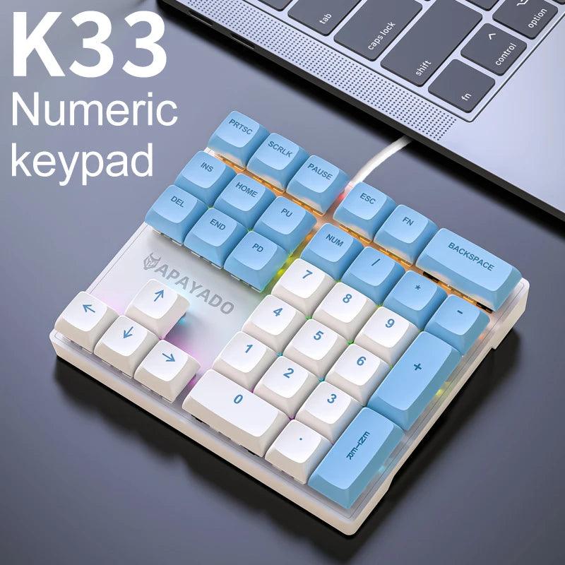 APAYADO-K33 Mini Numeric Keypad, Blue Mechanical Axis, RGB, PBT Keycaps, Fit for Government, Engineering, Tax, K33