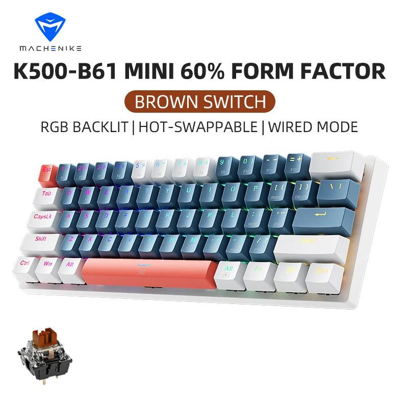 Machenike K500-B61 Mini Teclado Mecânico Formato 60% com Fio, Teclas Removíveis, Retroiluminação RGB, 61 Teclas para Jogos