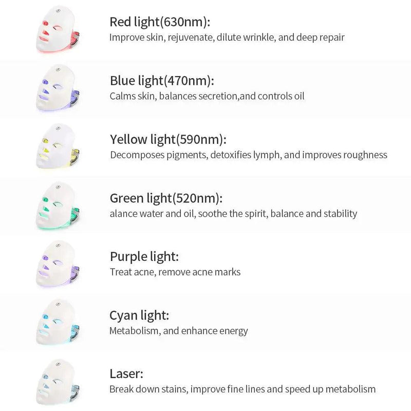 Máscara Facial LED Recarregável, Terapia de Fótons PDT, Refirmamento e Clareamento da Pele, Beauty Face Machine, PDT Treatment Light, 7 cores